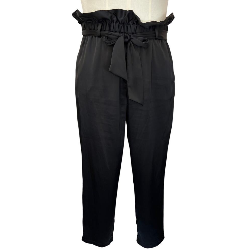 Eloquii Paperbag Pants Womens 16 Black Satin Tie Waist High Rise Trouser Pleated